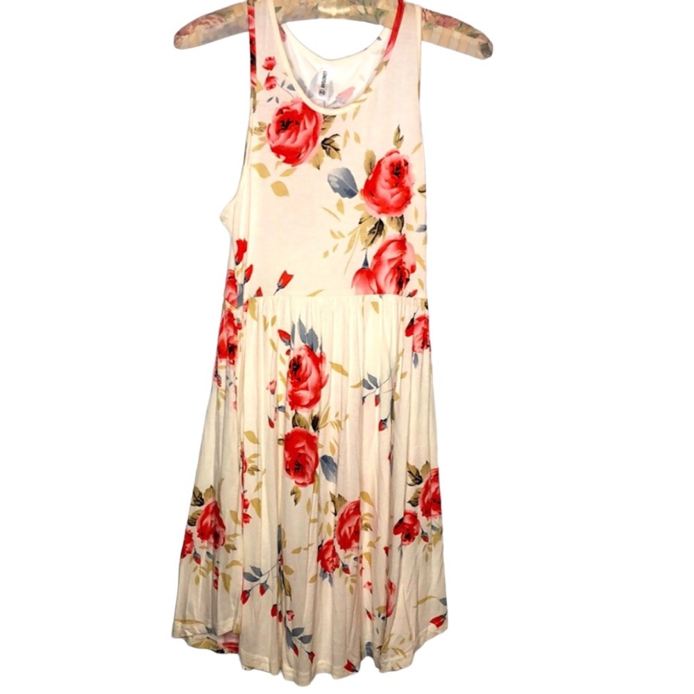 Soft Flowy Stretchy Cream Pink Floral Sleeveless Tank Dress Pockets Women XS NWT
